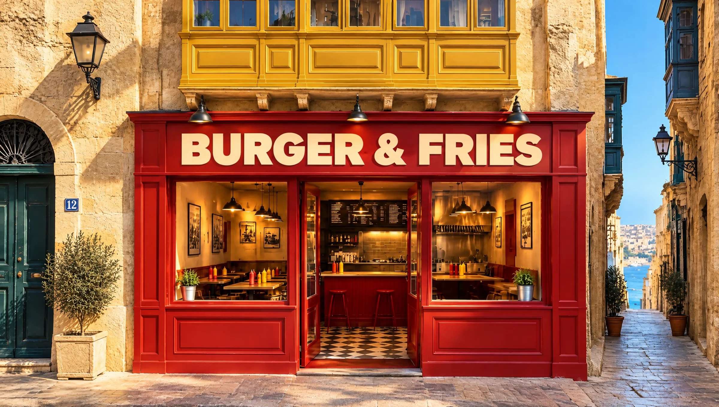 A red Burger & Fries shopfront under a yellow Maltese balcony in a Valletta street.