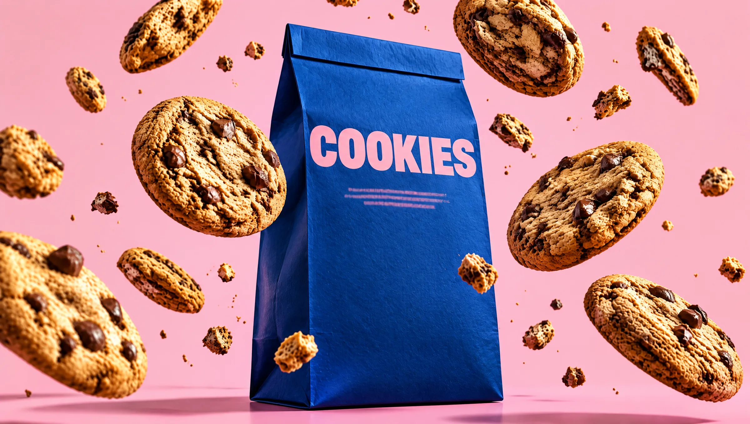 A deep blue Cookies bag with chocolate-chip cookies tumbling around it, on pink.