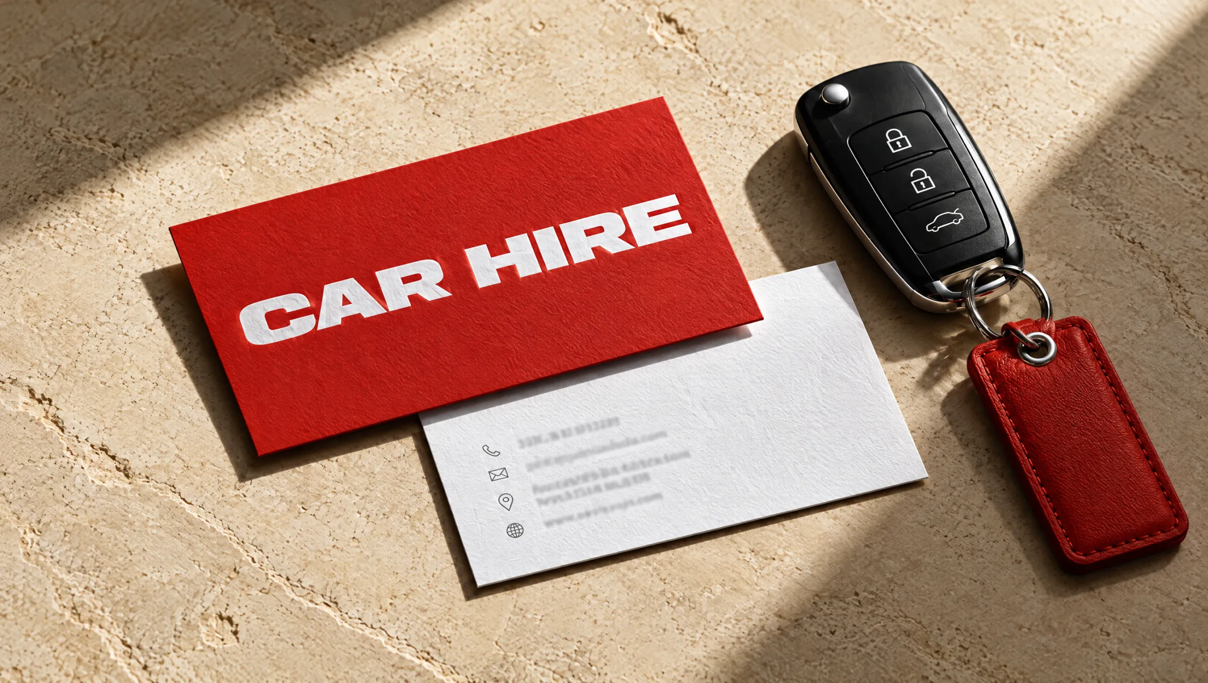Red and white Car Hire business cards beside a car key on limestone.