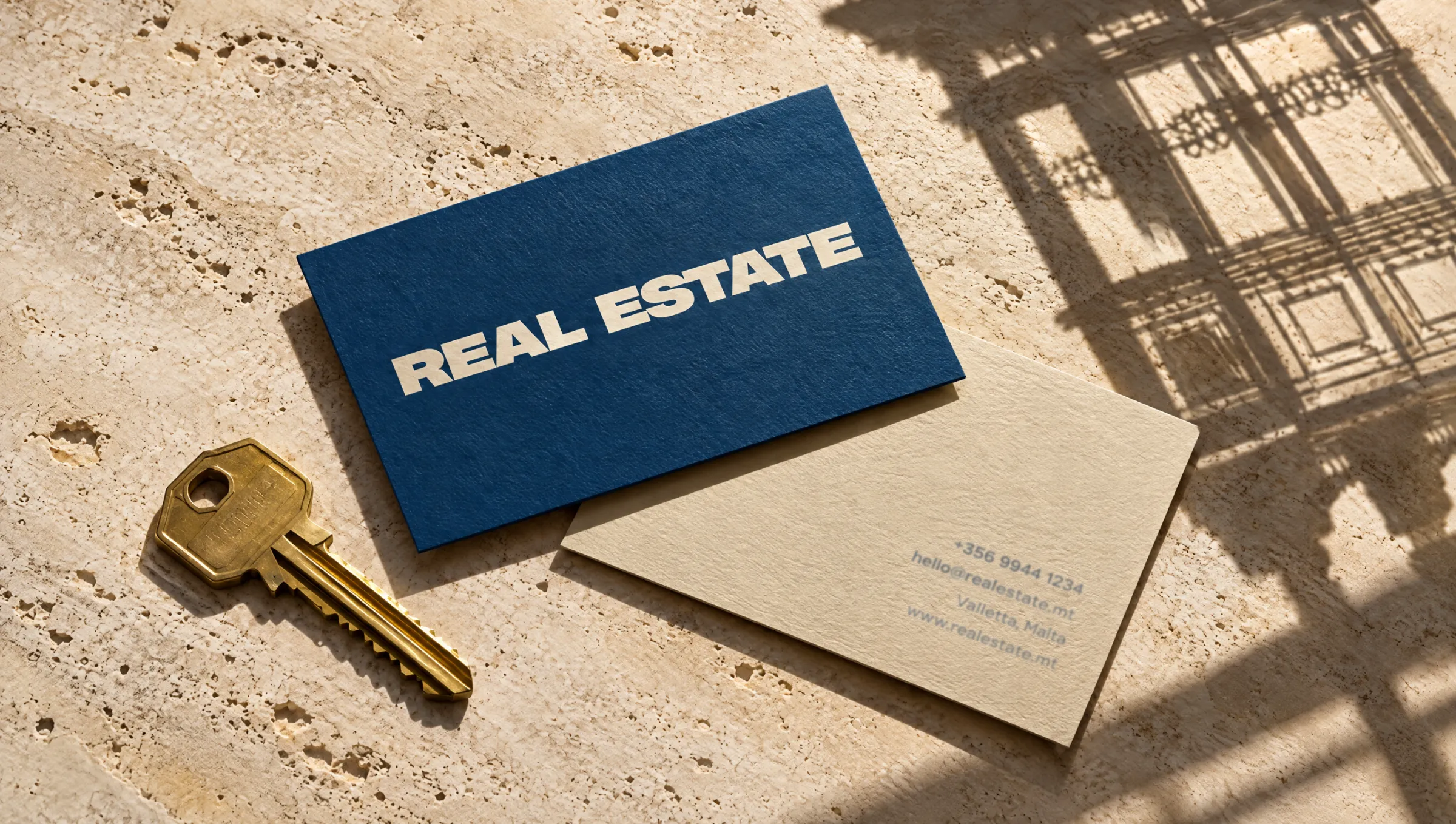 Blue and limestone Real Estate business cards beside a brass key, under a balcony shadow.