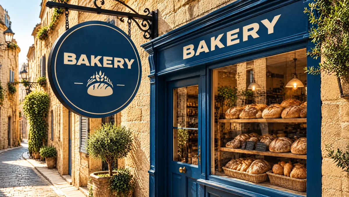A round blue Bakery hanging sign and painted shopfront in an old stone street.
