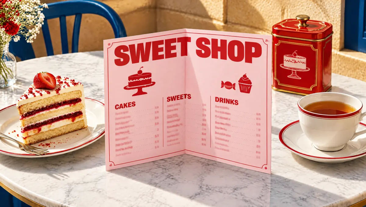 An open pink Sweet Shop menu on a marble café table with cake and tea.