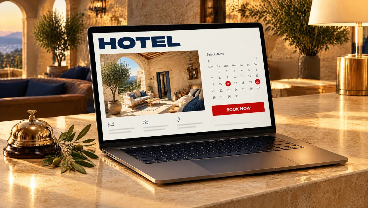 A laptop on a hotel reception desk showing the Hotel booking website.
