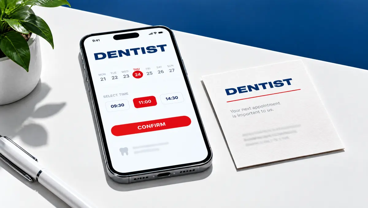 A phone showing the Dentist appointment booking app, with a reminder card.