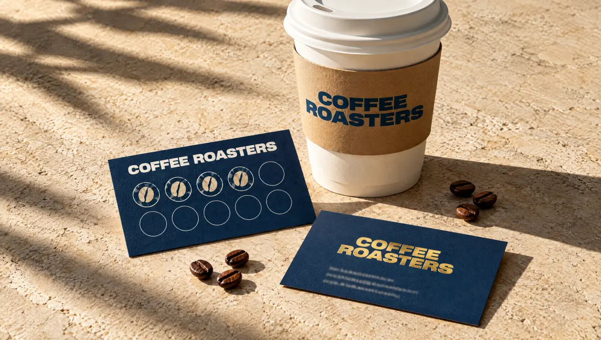 A Coffee Roasters loyalty stamp card, business card and sleeved takeaway cup on limestone.