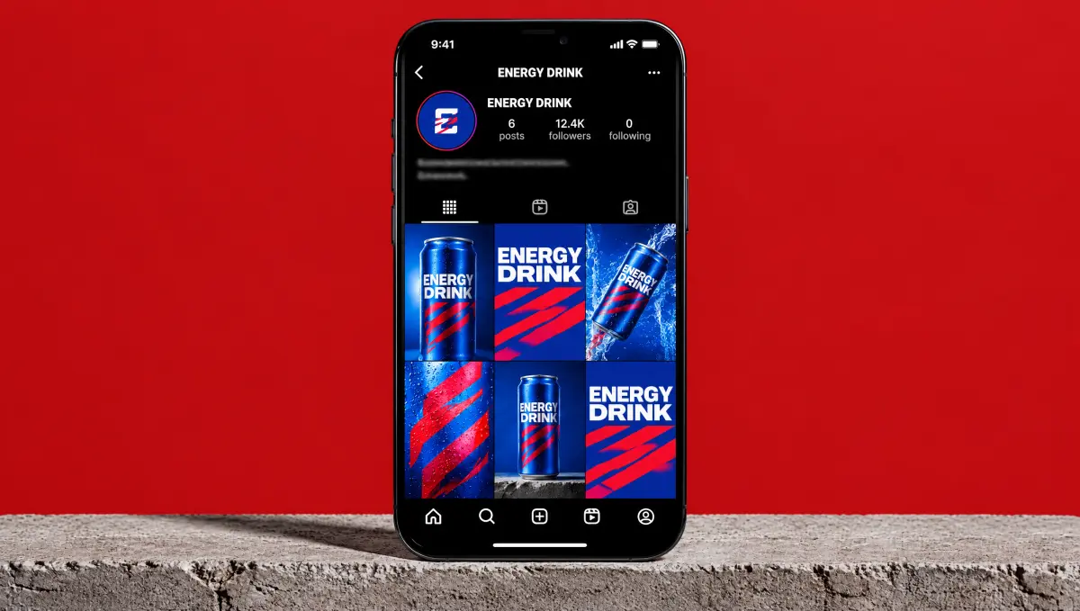 A phone showing the Energy Drink social media grid, on red.