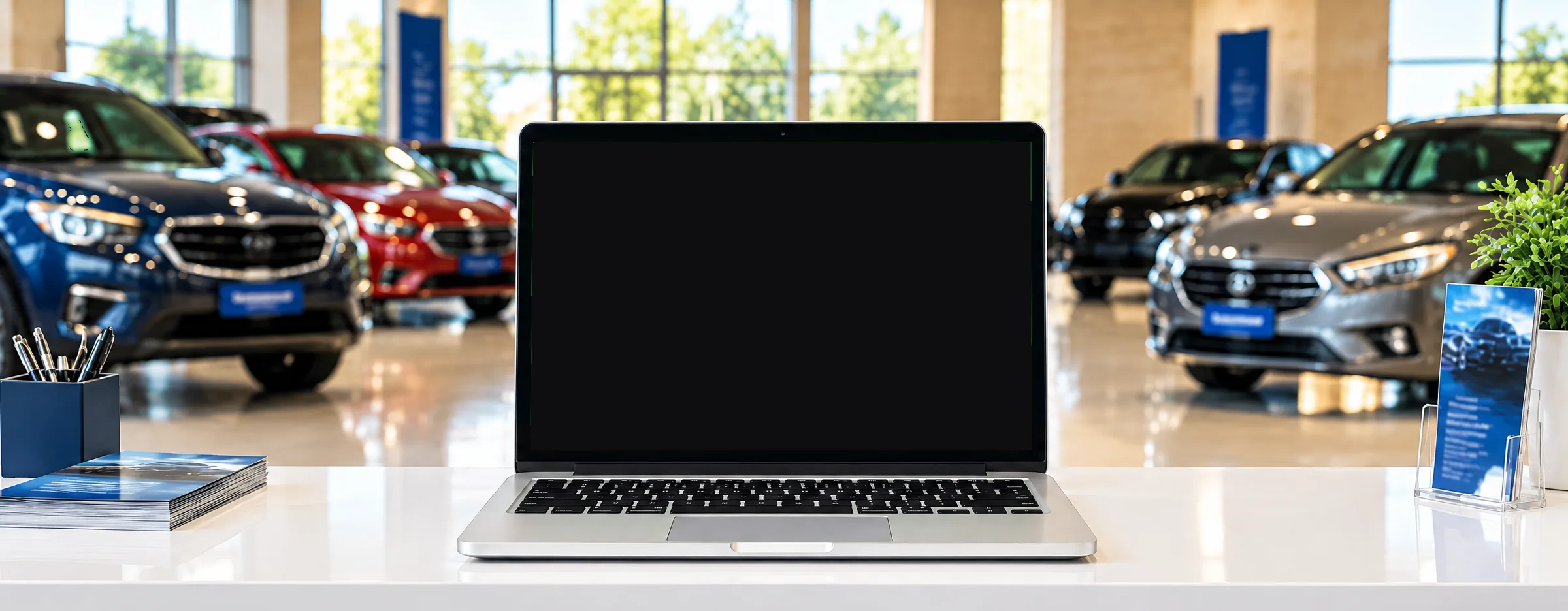 A sales desk in a used-car showroom with a laptop running the dealer system.
