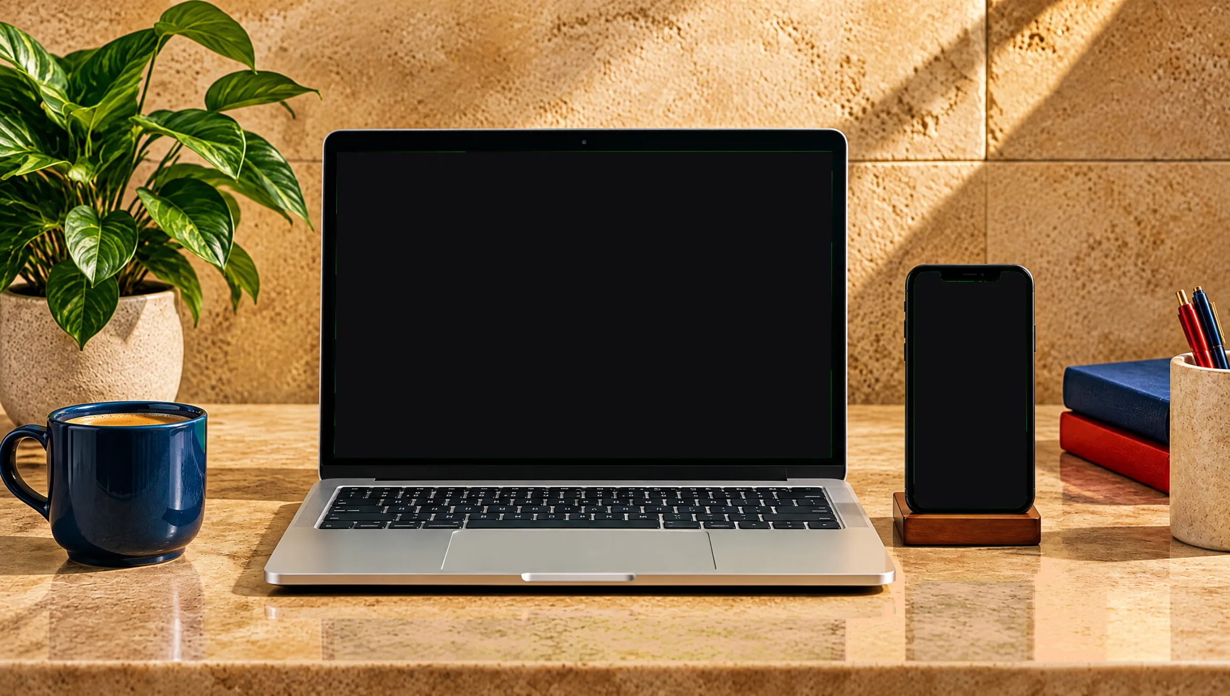 An office desk with a laptop and a phone running the employee system.