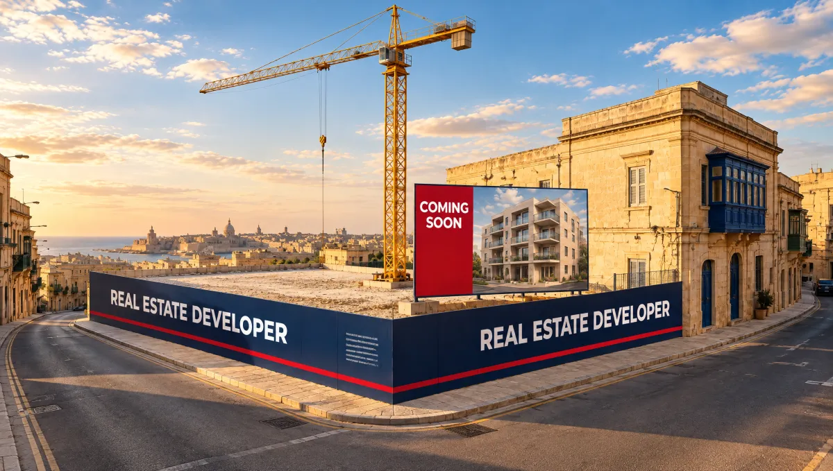 A corner building plot behind blue Real Estate Developer site hoarding, with a crane and a Coming Soon signboard; in the film a limestone apartment block rises on it.